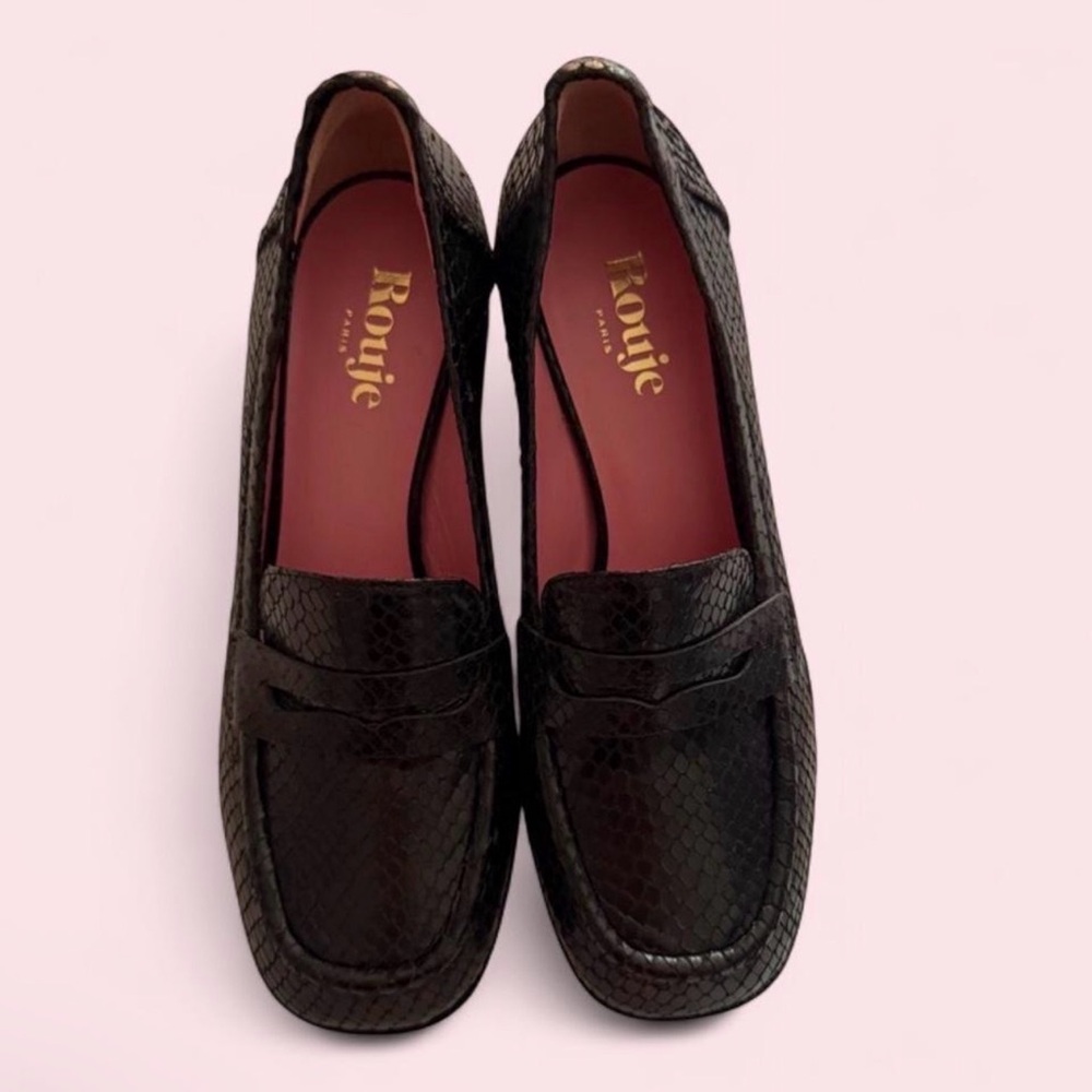 Rouje Black Snake-Embossed Leather Loafers Heels